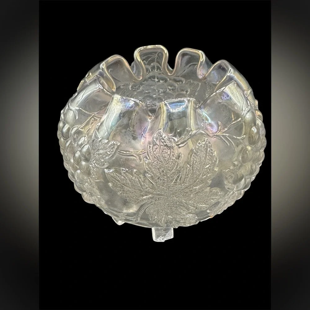 Vintage Dugan Clear Iridescent Carnival Glass Grape Delight Footed Rose Bowl